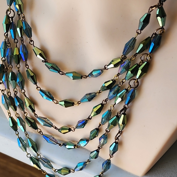 Iridescent Aurora Borealis Glass Multi Strand Beaded Necklace Trending Jewelry - Picture 3 of 7